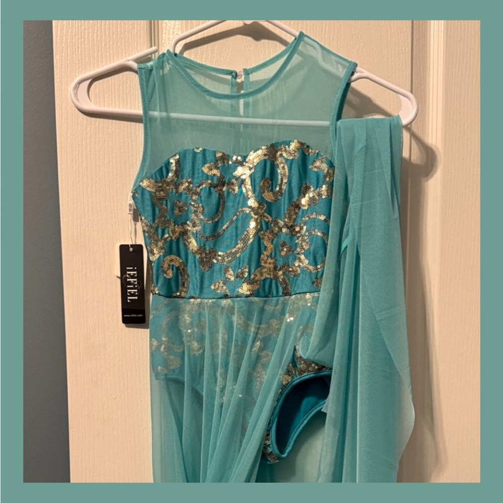 NWT ~ TEAL & GOLD EMBELLISHED DANCE COSTUME - LONG SKIRTED OPEN FRONT